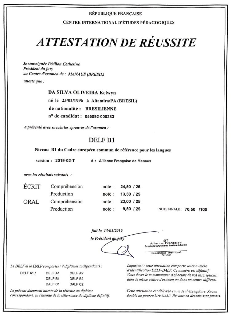 Attestation de réussite do DELF B1