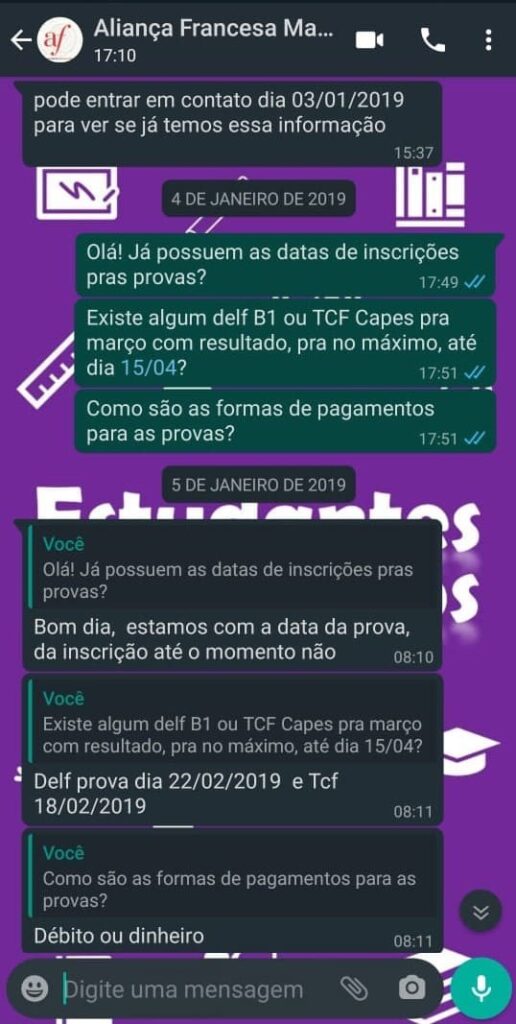 Conversa no whatsapp com a Aliança Francesa sobre a prova do DELF – print 2