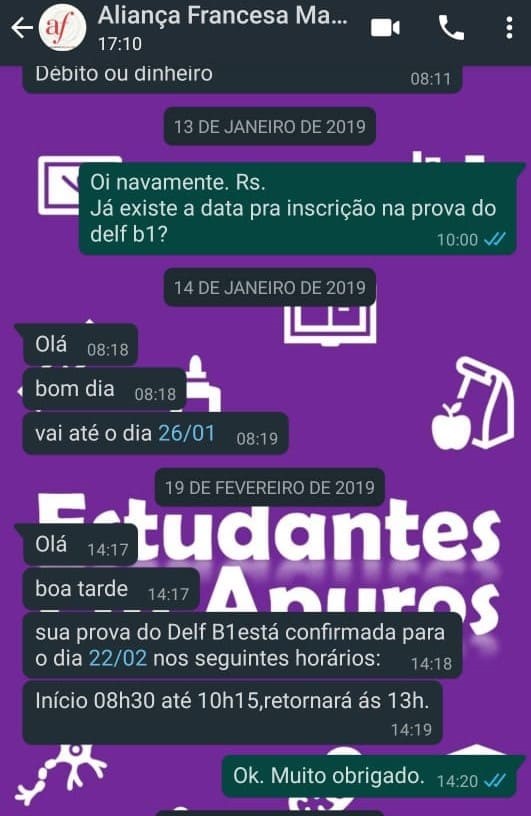 Conversa no whatsapp com a Aliança Francesa sobre a prova do DELF – print 3